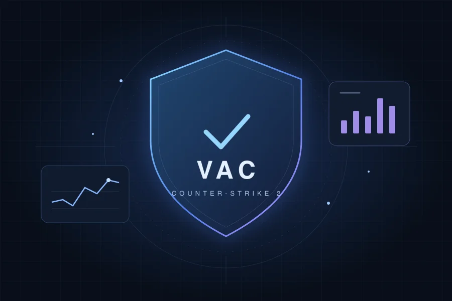 Illustrated VAC shield and chart of observed Steam bans